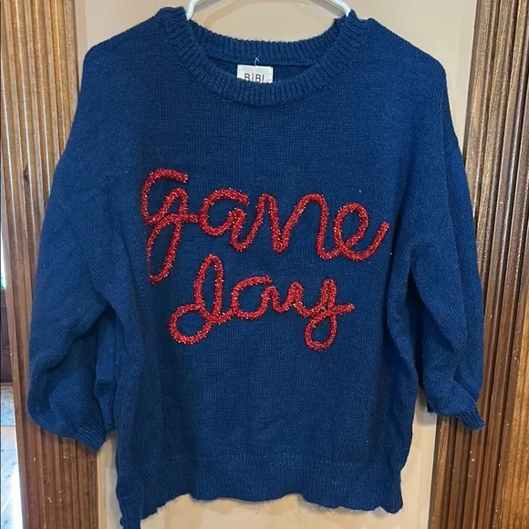 BiBi Blue Crew Neck Sweater with Red Embroidery - Picture 1 of 7